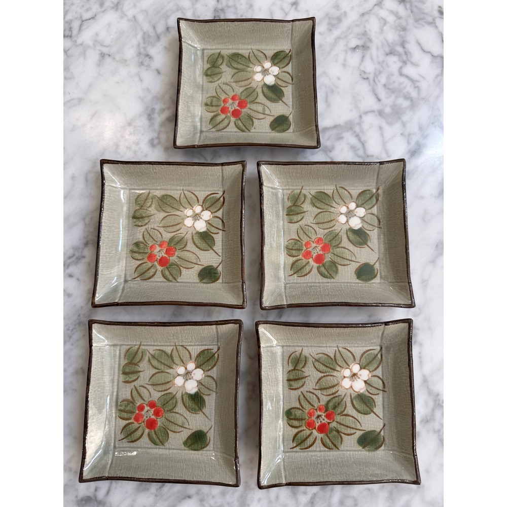 Set of 5 Square Floral Ceramic Appetizer Plates Celadon Green Hand Painted 4.7in